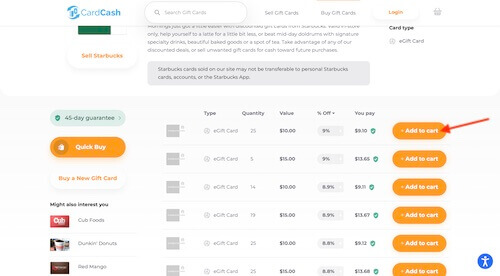 CardCash shopping cart